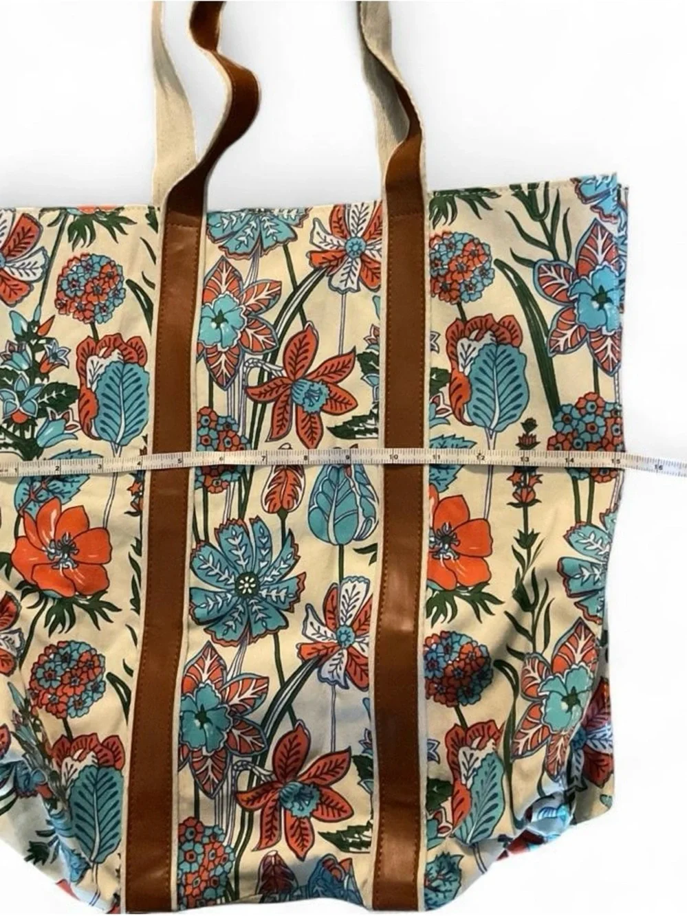 Canvas Floral Tote Bag with Brown Trim - Multicolor